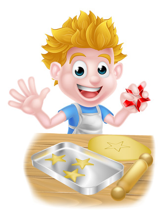 Cartoon boy baking and cooking as a chef in the kitchenのイラスト素材