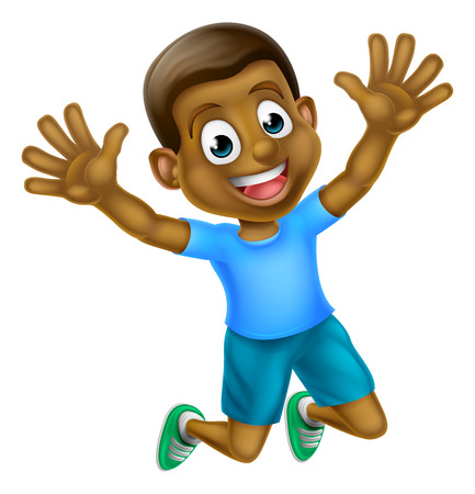 A happy cartoon young black boy jumping for joy.のイラスト素材