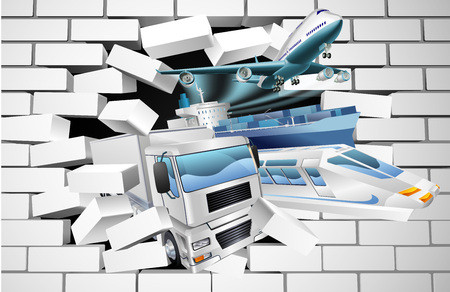 A transport logistics cargo export concept of a train, cargo container ship, plane and truck bursting through a white brick wallのイラスト素材