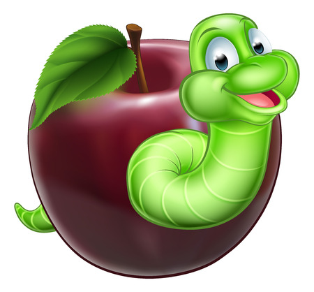 A happy smiling cute green cartoon caterpillar worm coming out of an appleのイラスト素材