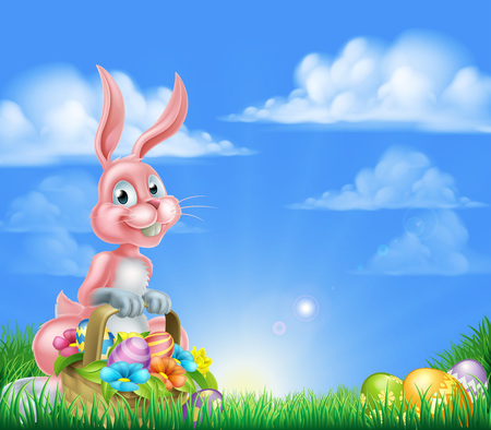 Pink Easter bunny with a basket full of decorated chocolate Easter eggs and spring flowers in a grassy fieldのイラスト素材