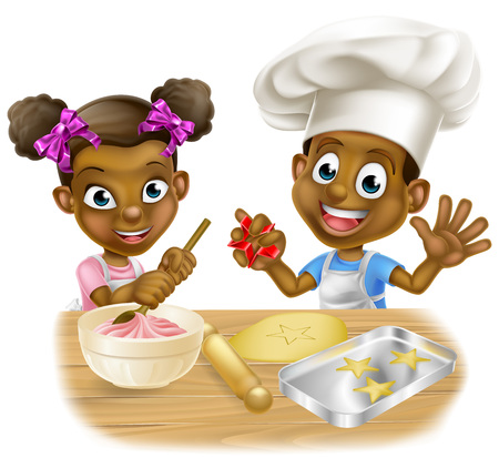 Cartoon boy and girl kids dressed as chefs baking cakes and cookiesのイラスト素材