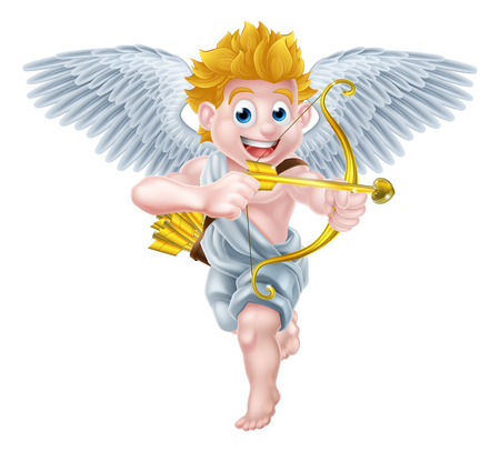 Cartoon valentines day cupid winged angel character holding his gold bow and heart arrowのイラスト素材