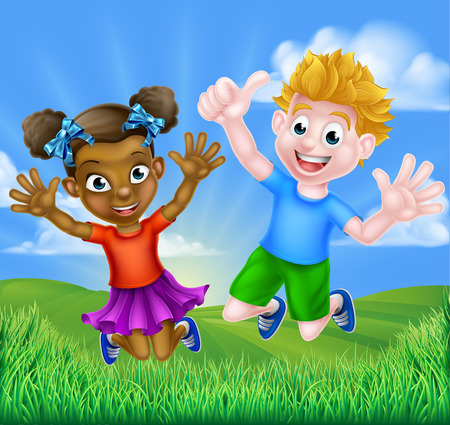 Happy cartoon young girl and boy, one black and one white, jumping for joy outdoors in a field.のイラスト素材