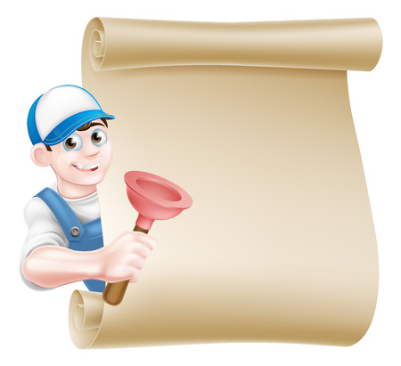 A cartoon handyman or plumber holding a toilet or sink plunger tool peeking around a scrollのイラスト素材
