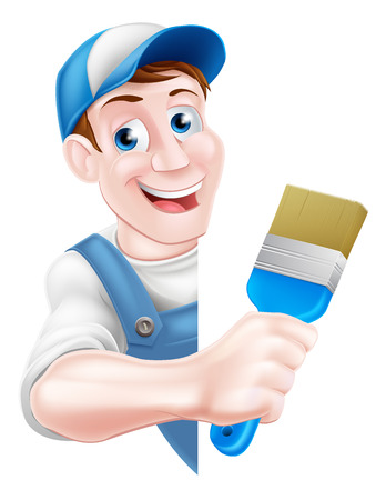 A cartoon painter decorator in a cap hat and blue dungarees holding a paintbrush tool and peeking around a signのイラスト素材
