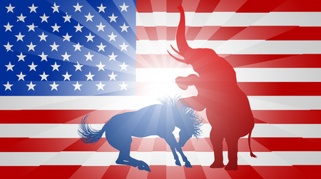 A donkey and elephant fighting in silhouette, with the elephant winning, symbols of American democratic and republican parties, concept for the presidential election or politics in generalのイラスト素材