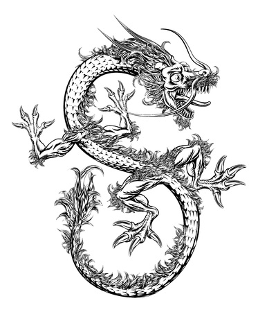 A black and white illustration of a Chinese or Japanese style oriental dragonのイラスト素材