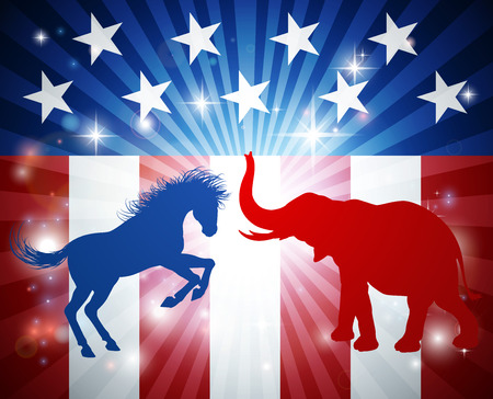 A donkey and elephant in silhouette attacking at each other. Mascot animals of American democratic and republican parties, concept for the presidential election debate or politics in generalのイラスト素材