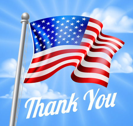 Memorial Day or Veterans Day design of a Thank You and a waving American Flag on a flag poleのイラスト素材