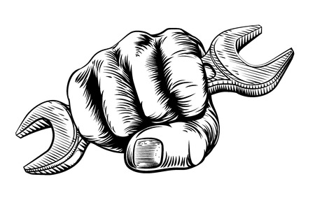 A hand in a fist holding a spanner in a vintage woodcut woodblock etching styleのイラスト素材