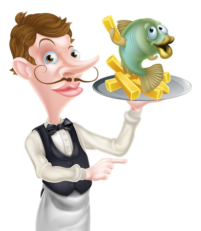 An Illustration of a Cartoon Fish and Chips Waiter Butler Pointingのイラスト素材