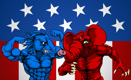 American politics election concept with animal mascots of the democrat and republican political parties, a blue donkey and red elephant fighting.のイラスト素材