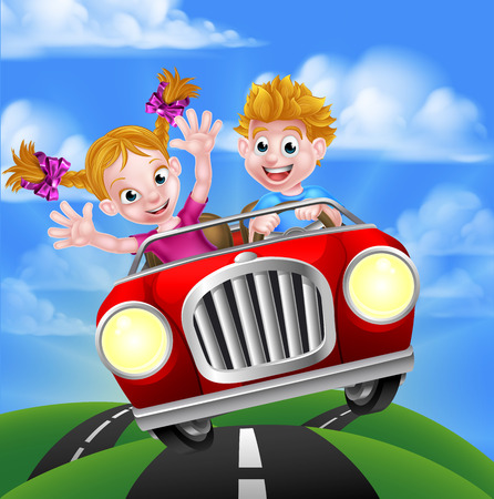 A cartoon man and woman having fun driving in a car on a road tripのイラスト素材