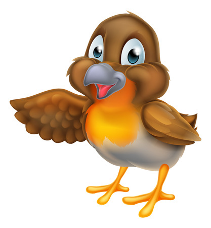 A cartoon robin bird character pointing with their wingのイラスト素材