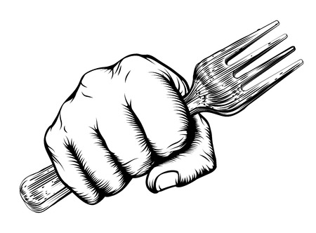 A vintage etched woodcut style fist holding a forkのイラスト素材