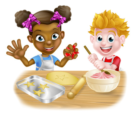 Cartoon boy and girl kids, one black one white, dressed as bakers baking cakes and cookiesのイラスト素材