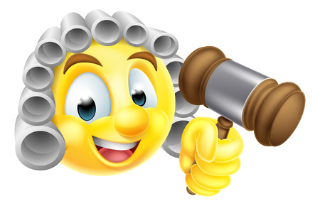 A cartoon emoticon emoji judge character in white wig holding wooden gavel hammerのイラスト素材