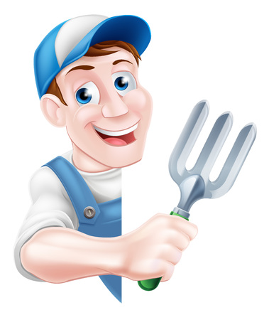 A cartoon gardener in a cap and blue dungarees holding a garden fork tool peeking around a signのイラスト素材