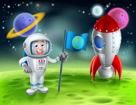 An illustration of a cartoon astronaut and retro space rocket ship or space ship landed on a moon or planet with alien planets and stars in the backgroundのイラスト素材