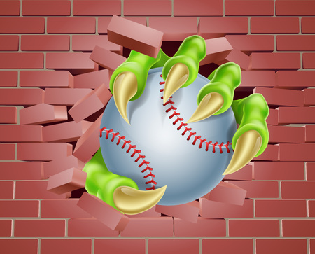 An illustration of a claw hand holding a baseball ball breaking through a brick wallのイラスト素材