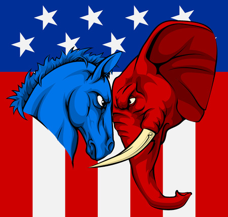 An American political concept of the party symbols of the democratic and republican parties, a blue donkey and red elephant, facing off against each otherのイラスト素材