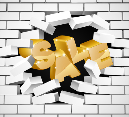 Sale sign concept of text reading SALE breaking through a white brick wallのイラスト素材
