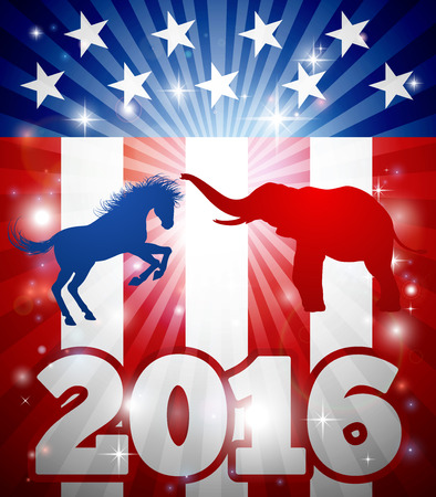 Concept for the presidential election debate 2016 or politics in general. Mascot animals of American democratic and republican parties, blue donkey and red elephant in silhouette fighting each other.のイラスト素材