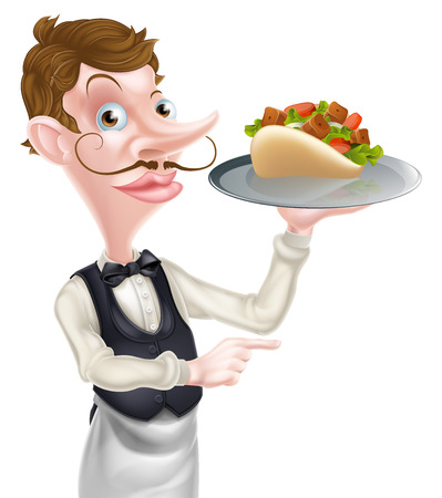 An Illustration of a Cartoon Kebab Pita Waiter Pointingのイラスト素材