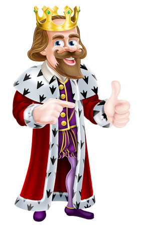 Cartoon king character wearing a crown pointing with one hand and giving a thumbs up with the otherのイラスト素材