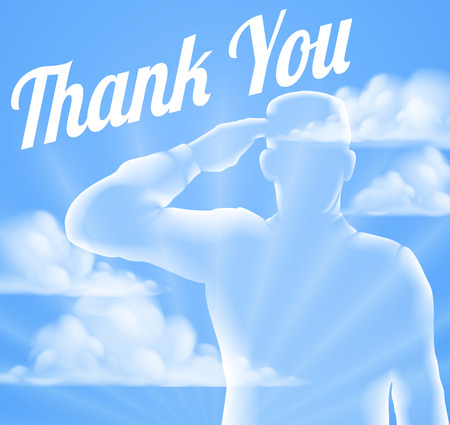 A soldier saluting with cloud sky background with Thank You, design for Memorial Day or Veterans Dayのイラスト素材