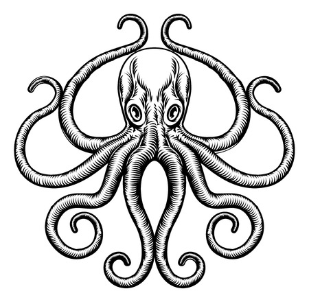 An original octopus or squid tattoo illustration concept design in a vintage woodblock styleのイラスト素材