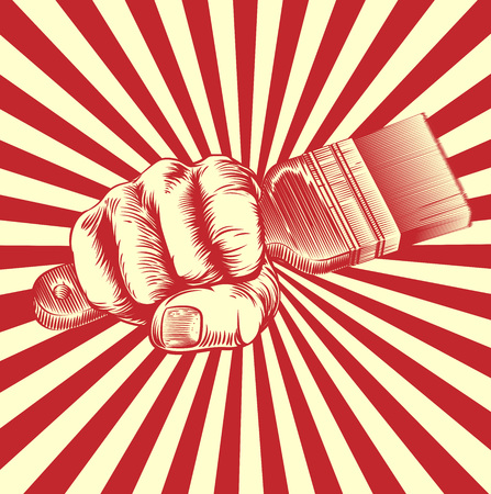 An original design of a fist holding a paintbrush in vintage propaganda poster wood cut styleのイラスト素材