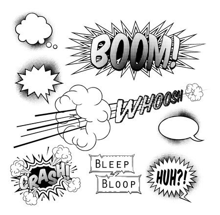 A set of black and white comic book pop art graphic design elements, speech bubbles and sound effectsのイラスト素材
