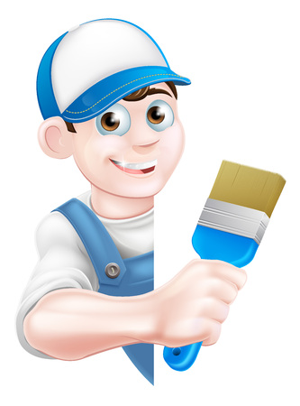 A cartoon painter decorator in a cap hat and blue dungarees holding a paintbrush and peeking around a signのイラスト素材