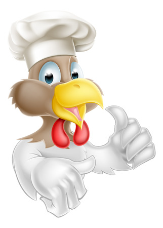 A cartoon chicken mascot wearing a chef hat and giving a thumbs upのイラスト素材