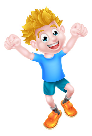 Cartoon boy jumping for joy with two fists in the airのイラスト素材