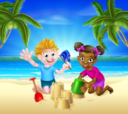 Children, one black one white, with bucket and spade building sandcastles in the sand on a tropical beach with palm treesのイラスト素材