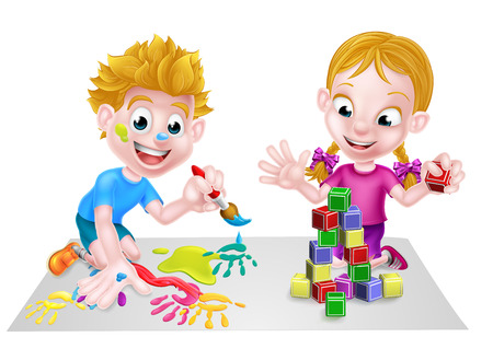 Cartoon boy and girl playing with toys, with paints and toy building blocksのイラスト素材
