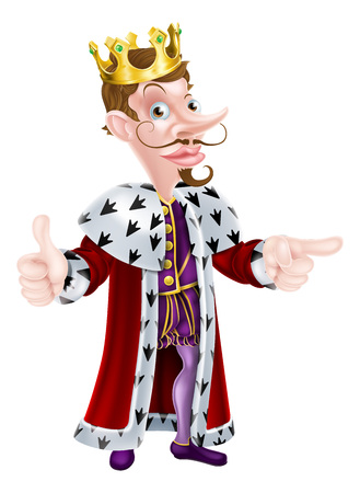A cartoon king character wearing a crown pointing with one hand and giving a thumbs up with the otherのイラスト素材