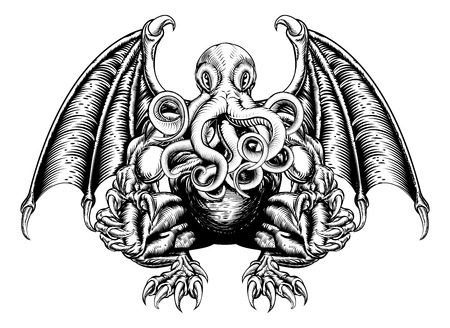 An original illustration of a Cthulhu monster in a woodblock styleのイラスト素材