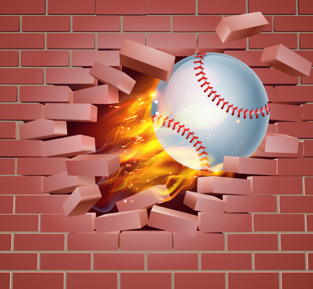 An illustration of a burning flaming Baseball ball on fire tearing a hole through a brick wallのイラスト素材