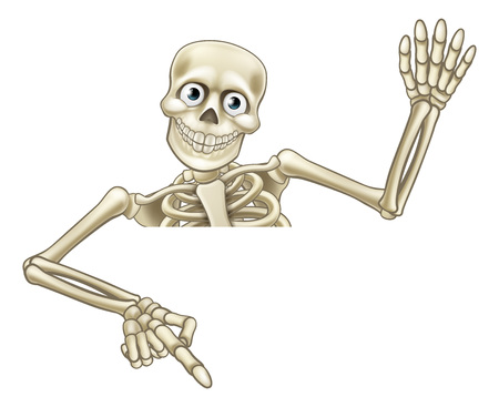 A skeleton Halloween cartoon character peeking over a sign and pointing at it and waving his handのイラスト素材
