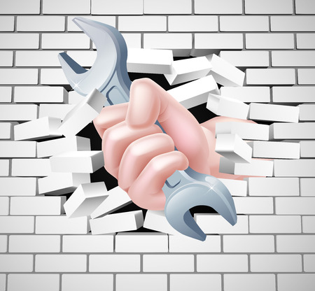 Conceptual illustration of a hand holding a spanner breaking through a white brick wallのイラスト素材