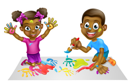 Cartoon black boy and girl children playing with paintsのイラスト素材
