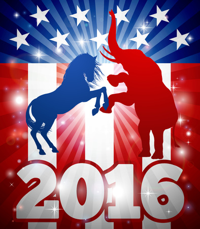 2016 American political election design. Mascot animals of American democratic and republican parties, blue donkey and red elephant in silhouette fighting each other with flag design and 2016 text.のイラスト素材