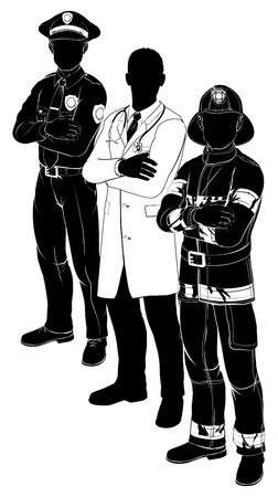 Silhouette emergency rescue services worker team with policeman, fireman and doctorのイラスト素材