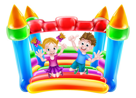 A boy and girl jumping on a bouncy house or infaltable castleのイラスト素材