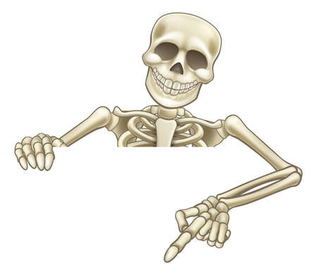 A skeleton Halloween cartoon character peeking over a sign and pointing at itのイラスト素材