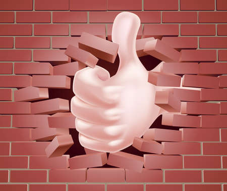 Conceptual illustration of a hand giving a thumbs up breaking through a wall of bricksのイラスト素材